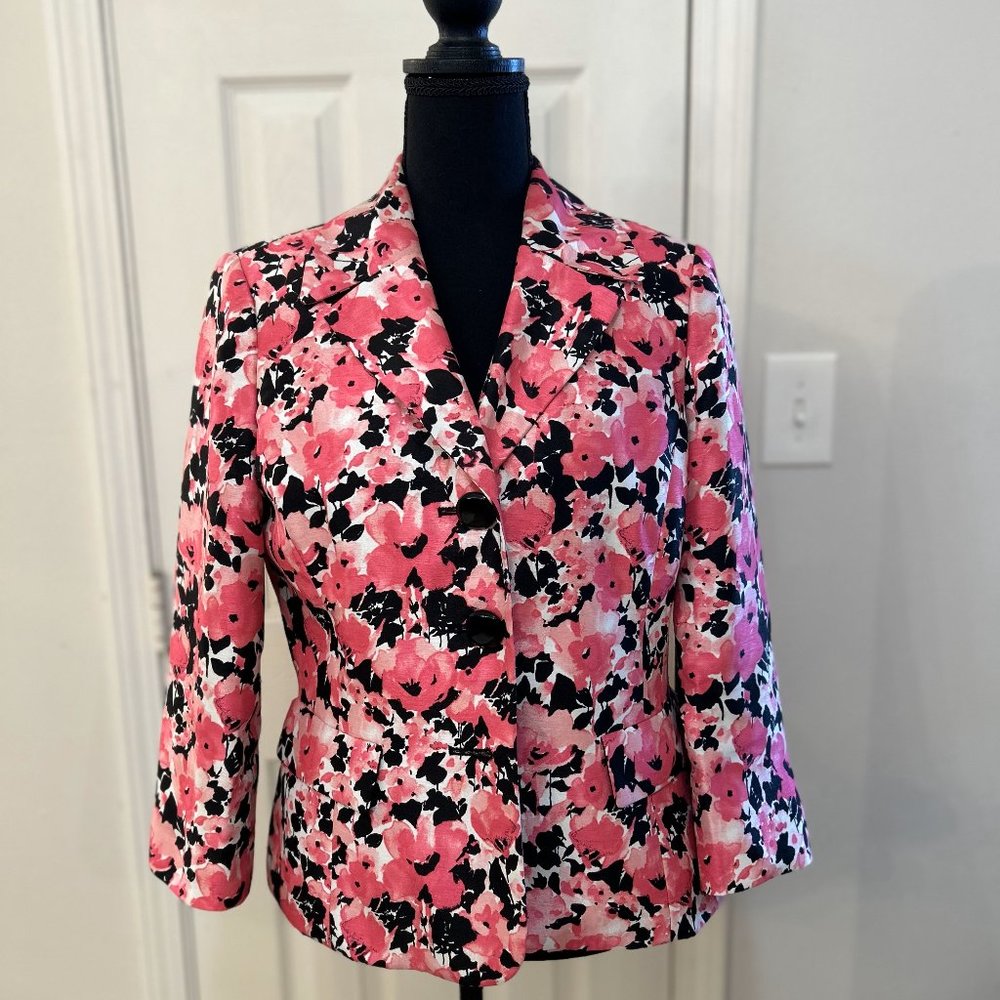 Le Suit Women's Size 8 Black/Pink Floral 3 Button Jacket, Black Skirt